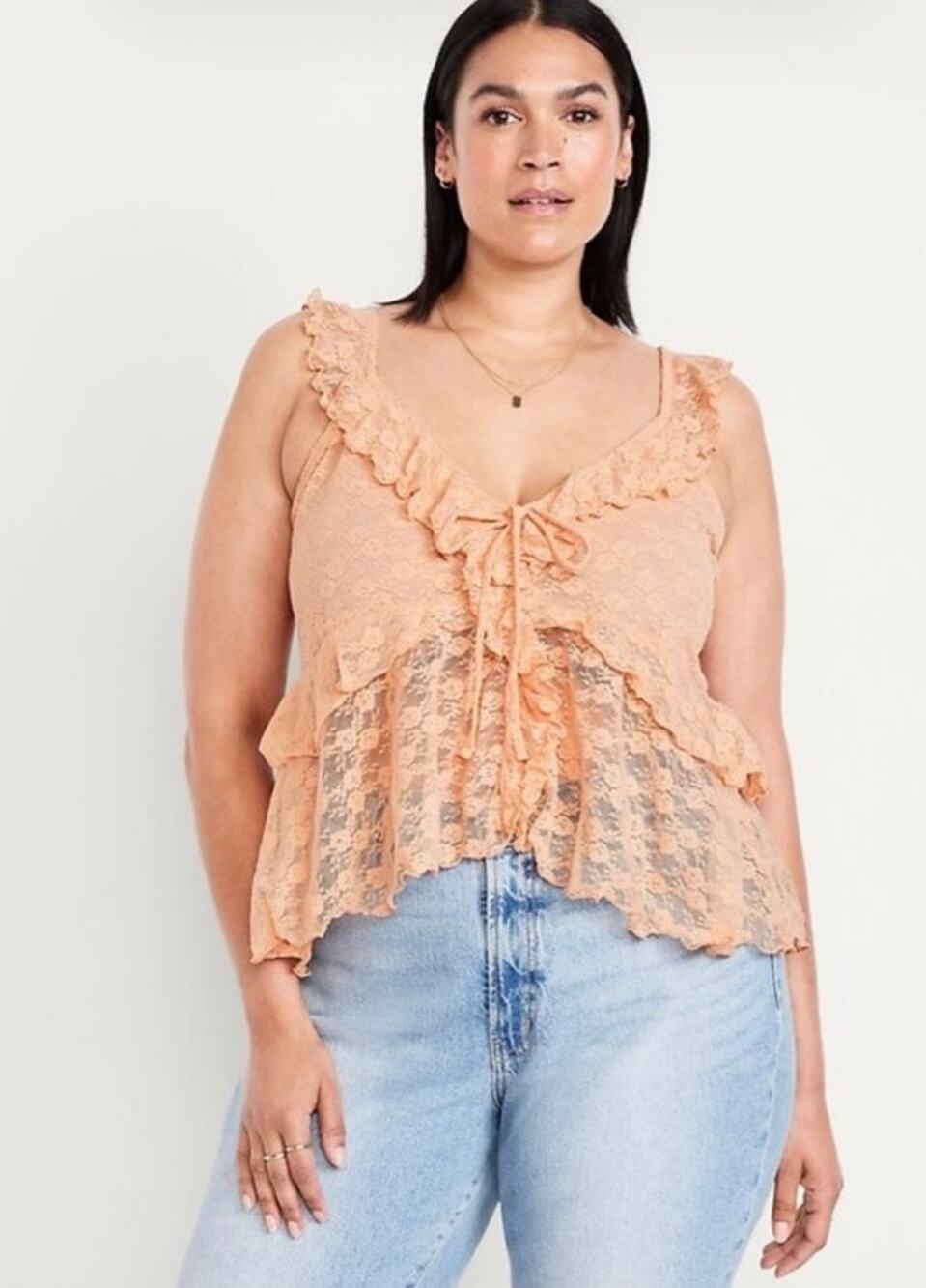 Old Navy Peach Floral Lace Cascading Tie Front Coquette Tank Top NWT M